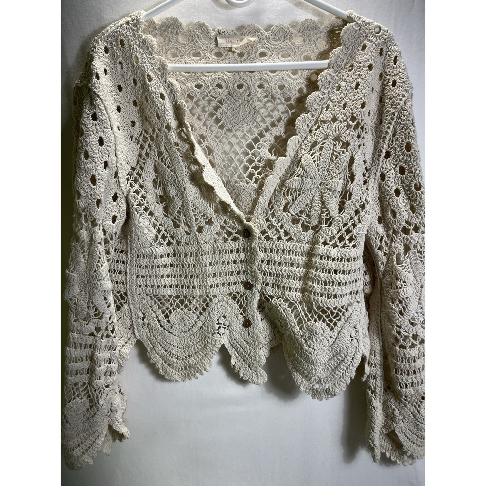 Solitaire Crochet Floral Button Front Cardigan Womens XL Bell Sleeve Boho